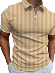 Khaki striped zip-neck polo shirt with short sleeves and ribbed texture.