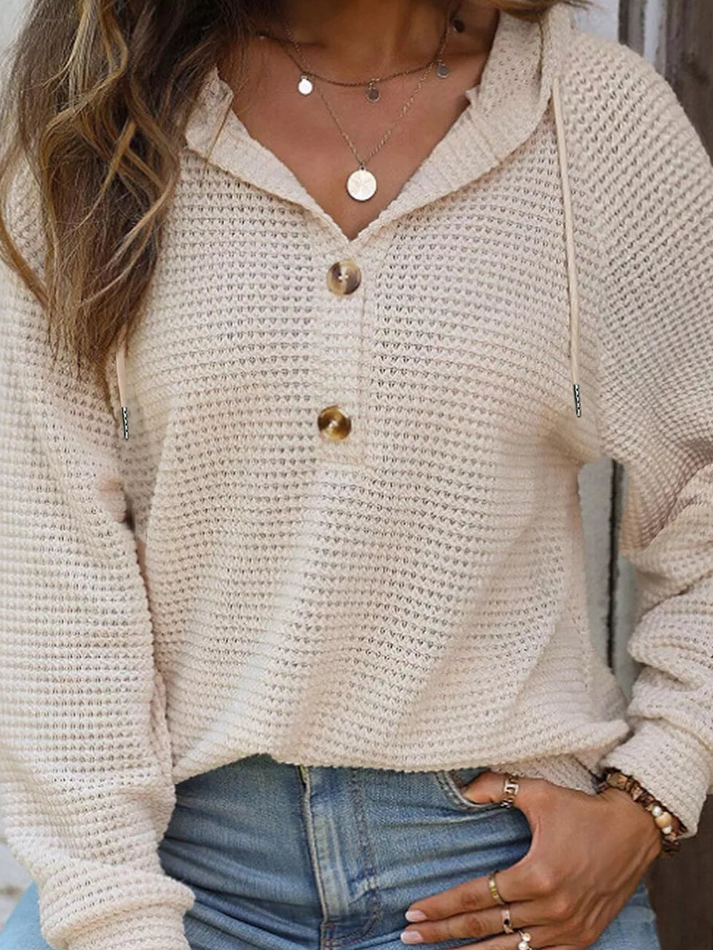 Waffle Knit Hooded Top With Drawstring in Beige, close-up detail