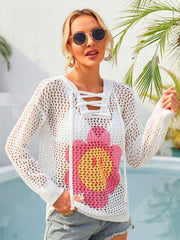 White crochet hoodie with lace-up neckline and pink & yellow smiley flower graphic.