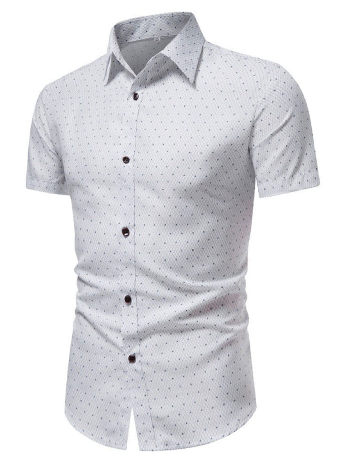 Men's white slim fit short sleeve shirt with a subtle dot pattern and button-down front.
