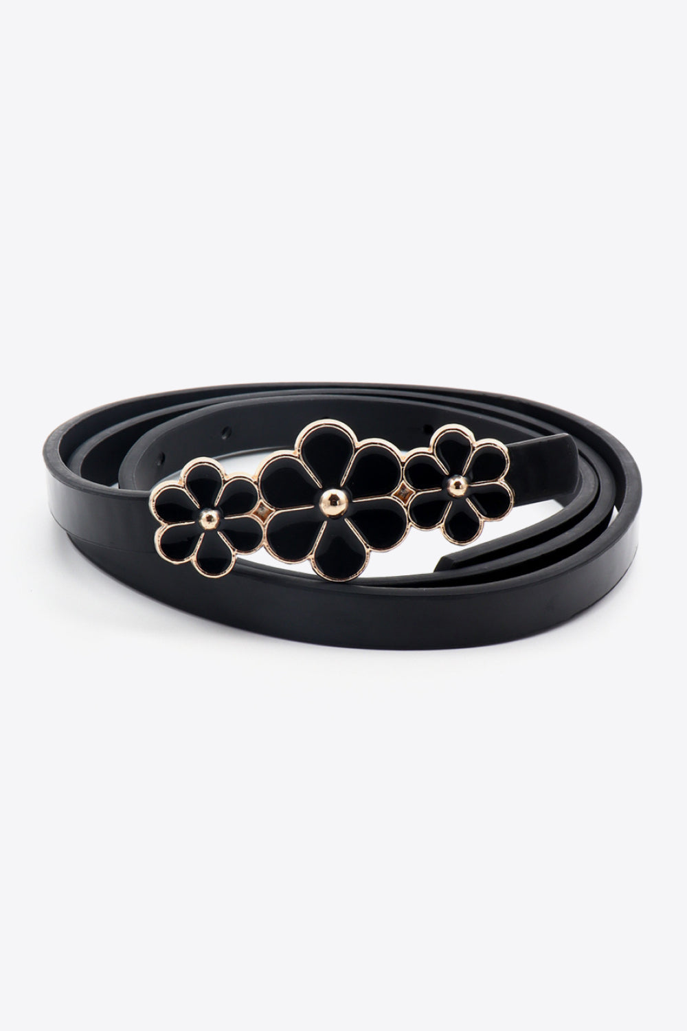 Black skinny belt with gold-trimmed floral buckle detail