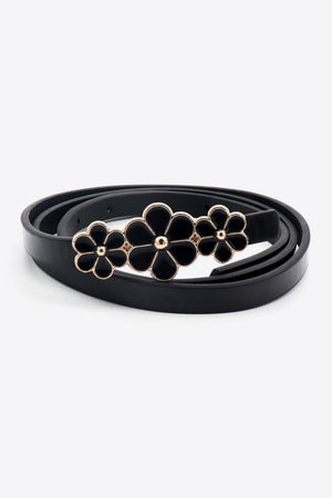 Black skinny belt with gold-trimmed floral buckle detail