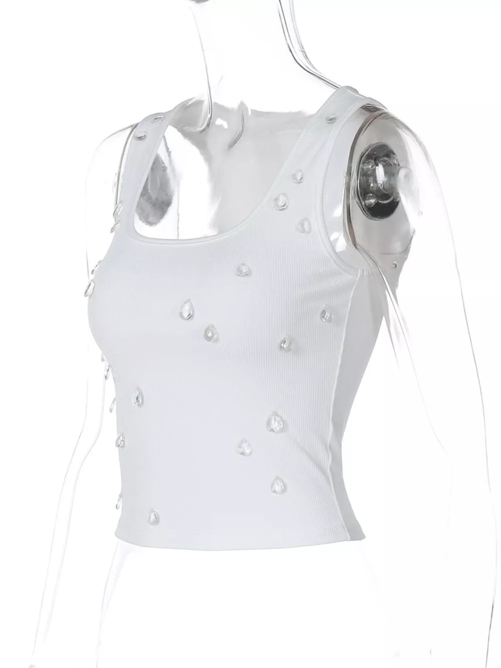 White cropped tank top with square neck and scattered rhinestone embellishments.