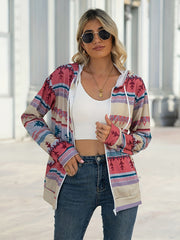 Aztec print zip-up hooded jacket with a white zipper and drawstring.
