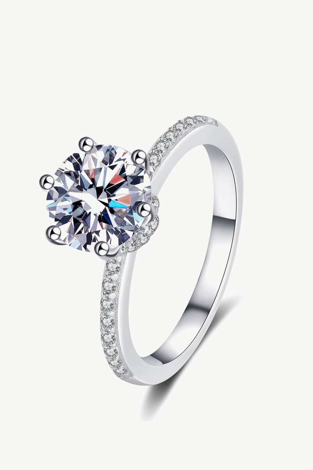 Silver moissanite ring with pave band, 925 sterling silver, solitaire engagement ring