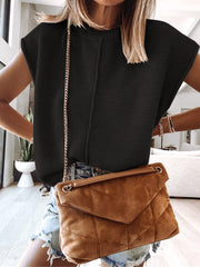 Black knit tank top with center seam detail and cap sleeves.