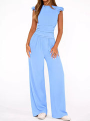 Sky blue maternity two-piece with ruffled cap sleeves, crew neck, and wide-leg pants.