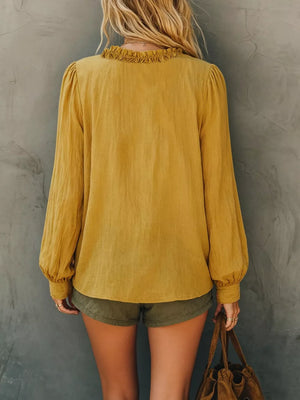 Bohemian Ruffled V-neck Long Sleeve Blouse in White, alternate angle