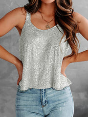 Sequin-embellished flounce tank top in light gray with scoop neck and wide straps.
