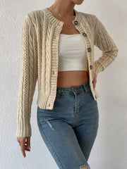 Khaki cable-knit button-front cardigan with crew neck and long sleeves.