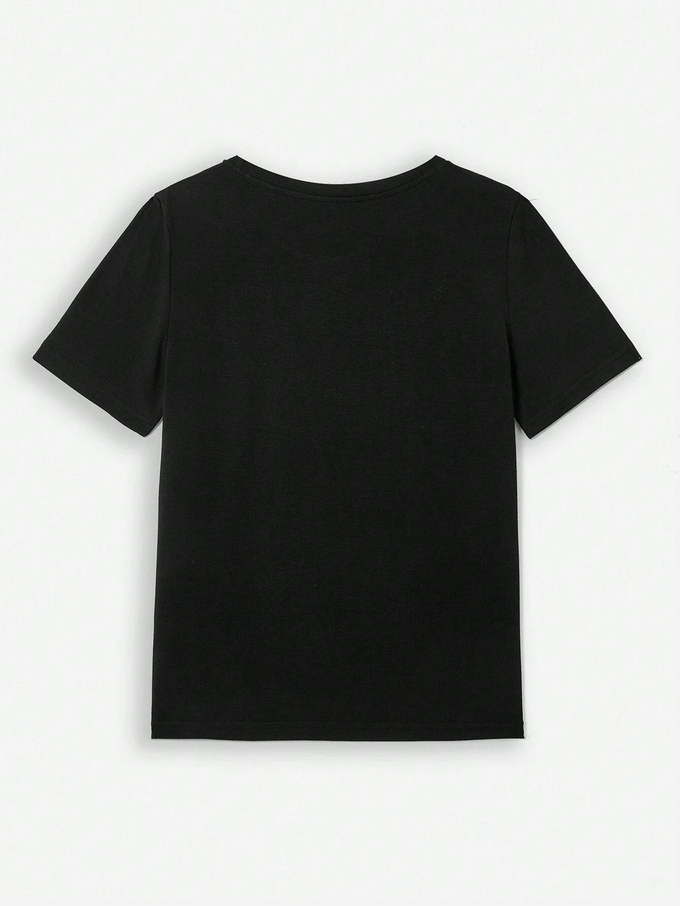 Black t-shirt with short sleeves and a crew neck.