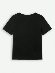 Black t-shirt with short sleeves and a crew neck.