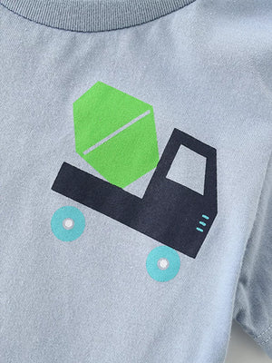 Toddler cotton t-shirt with a cartoon cement truck graphic in black, green, and blue.