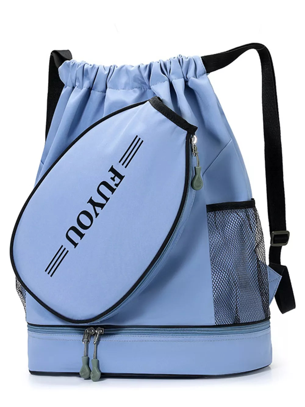 Blue drawstring backpack with racket compartment and mesh side pocket.