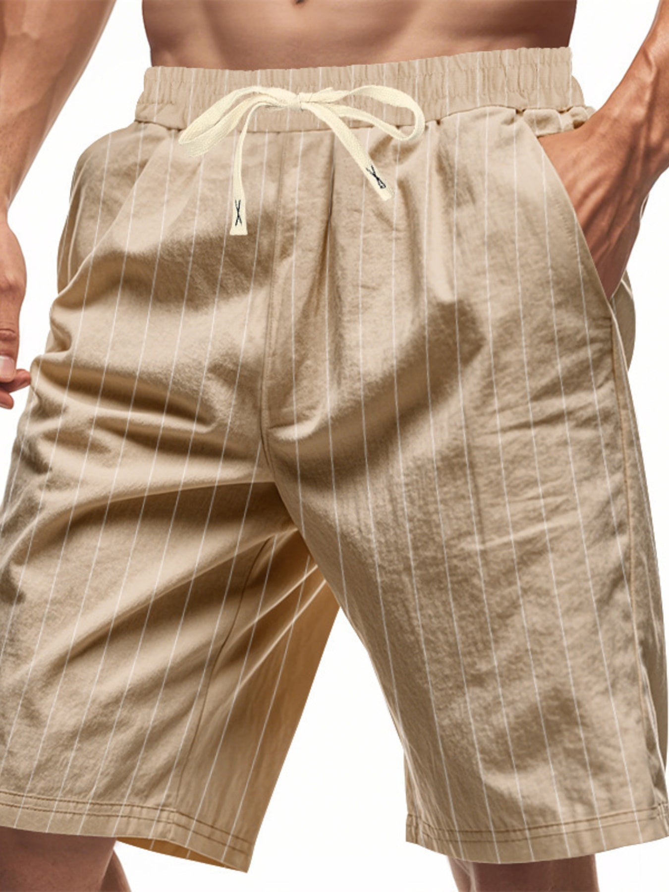 Khaki chino shorts with white pinstripes and a drawstring waist.