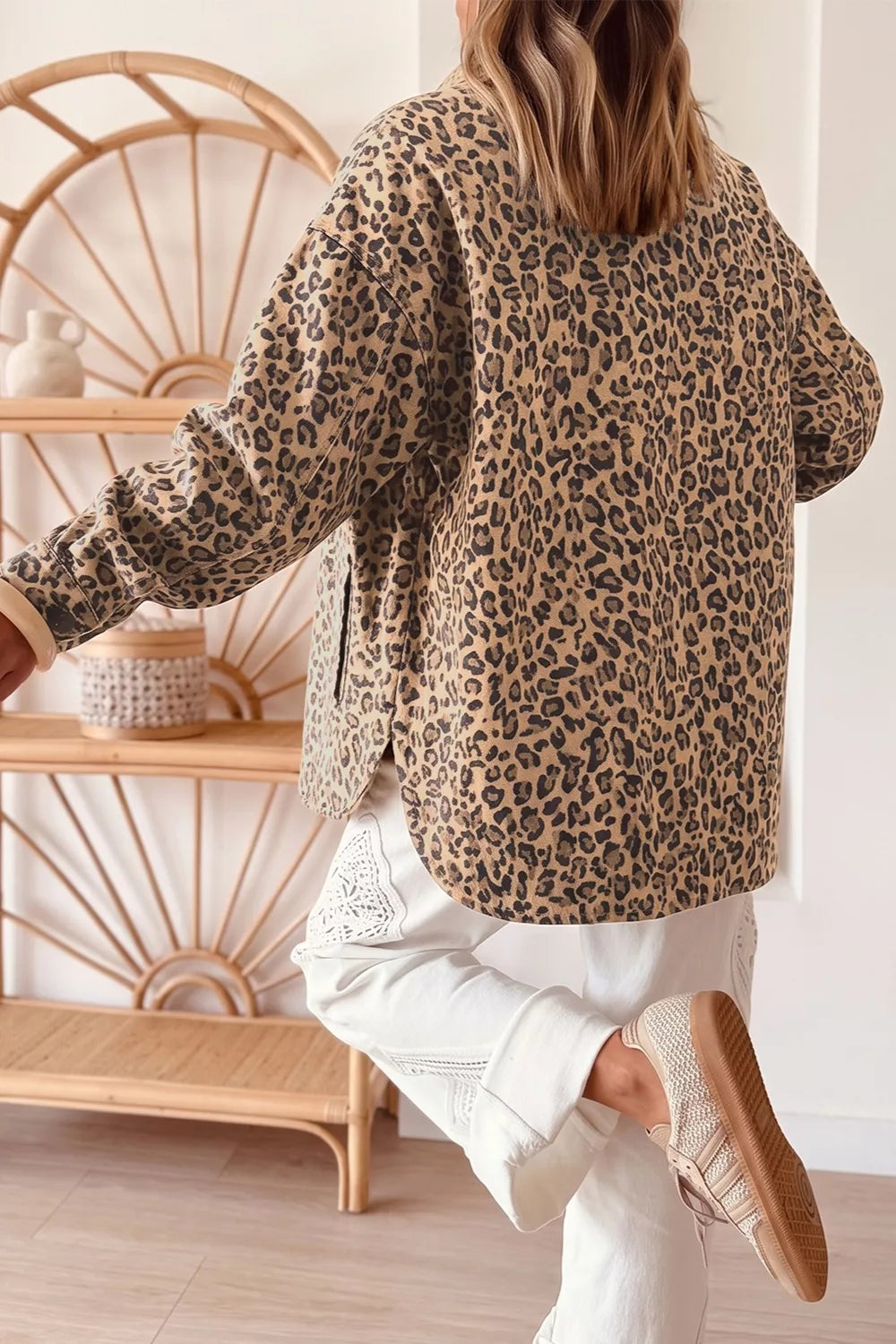 Print Denim Jacket in Leopard, back view