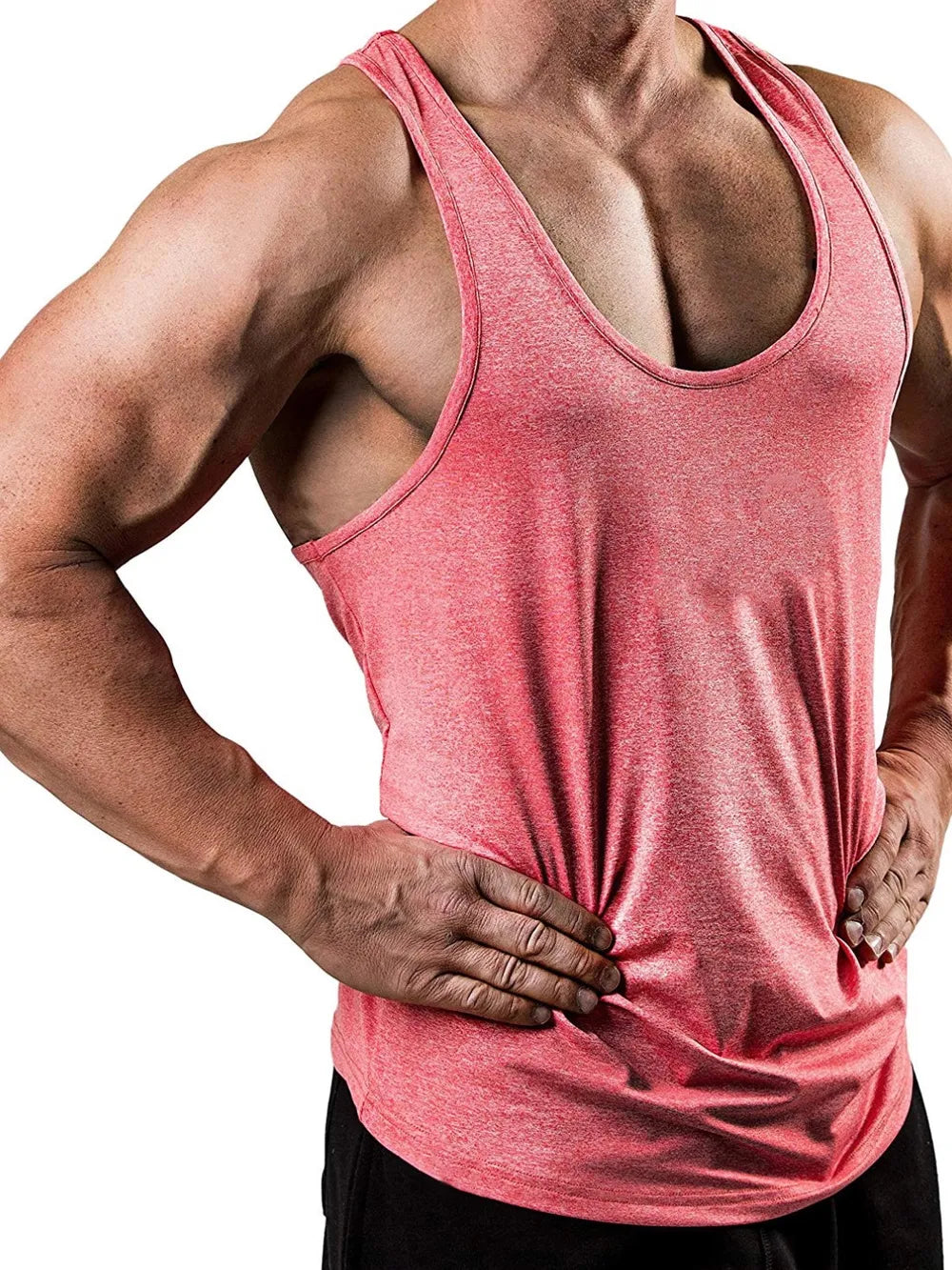 Performance racerback tank top in heathered dusty pink with a scoop neck.