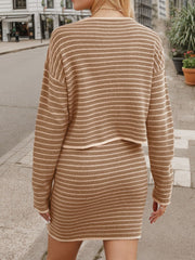 Camel knit co-ord set with horizontal stripes, crew neck sweater and mini skirt.