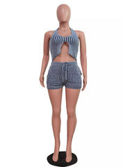 Blue striped halter top sweater with cut-out and matching shorts with drawstring