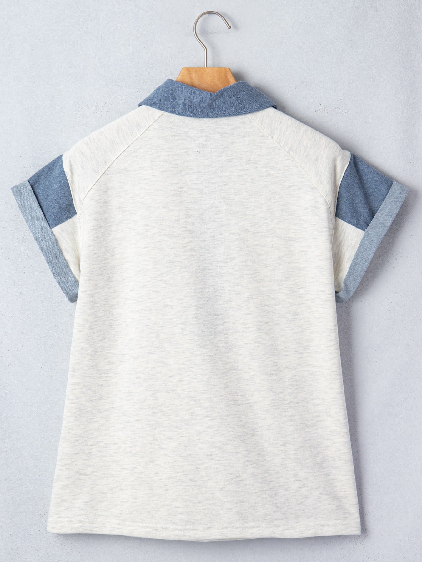 Button detail casual top with denim look sleeves and collar