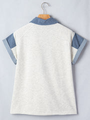 Button detail casual top with denim look sleeves and collar