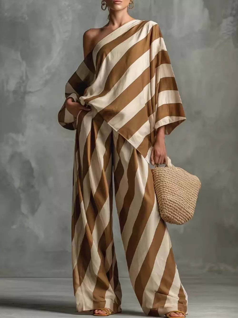 Asymmetrical Striped Top And Wide-leg Pants Set