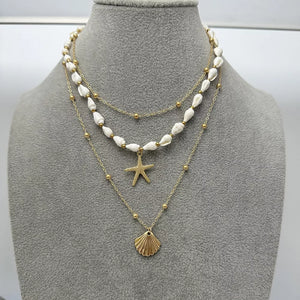 18k Gold-plated Bohemian Seashell Layered Necklace in Gold, close-up detail