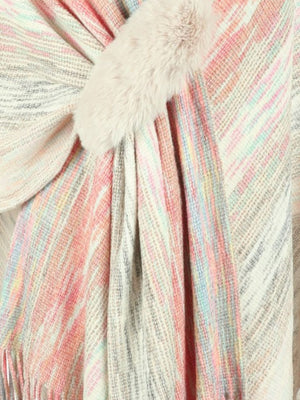 Knit wrap coat with pastel stripes and a faux fur pom-pom detail.
