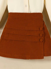 Toddler brown corduroy skort with button detail and tiered pleats.