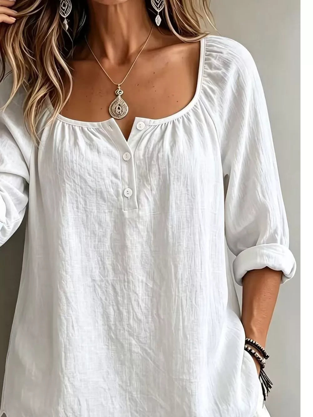Button Detail Long Sleeve Top in Light Blue, fabric detail
