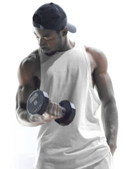 White Muscle Armed tank top with embroidered logo, worn by a man lifting a dumbbell.