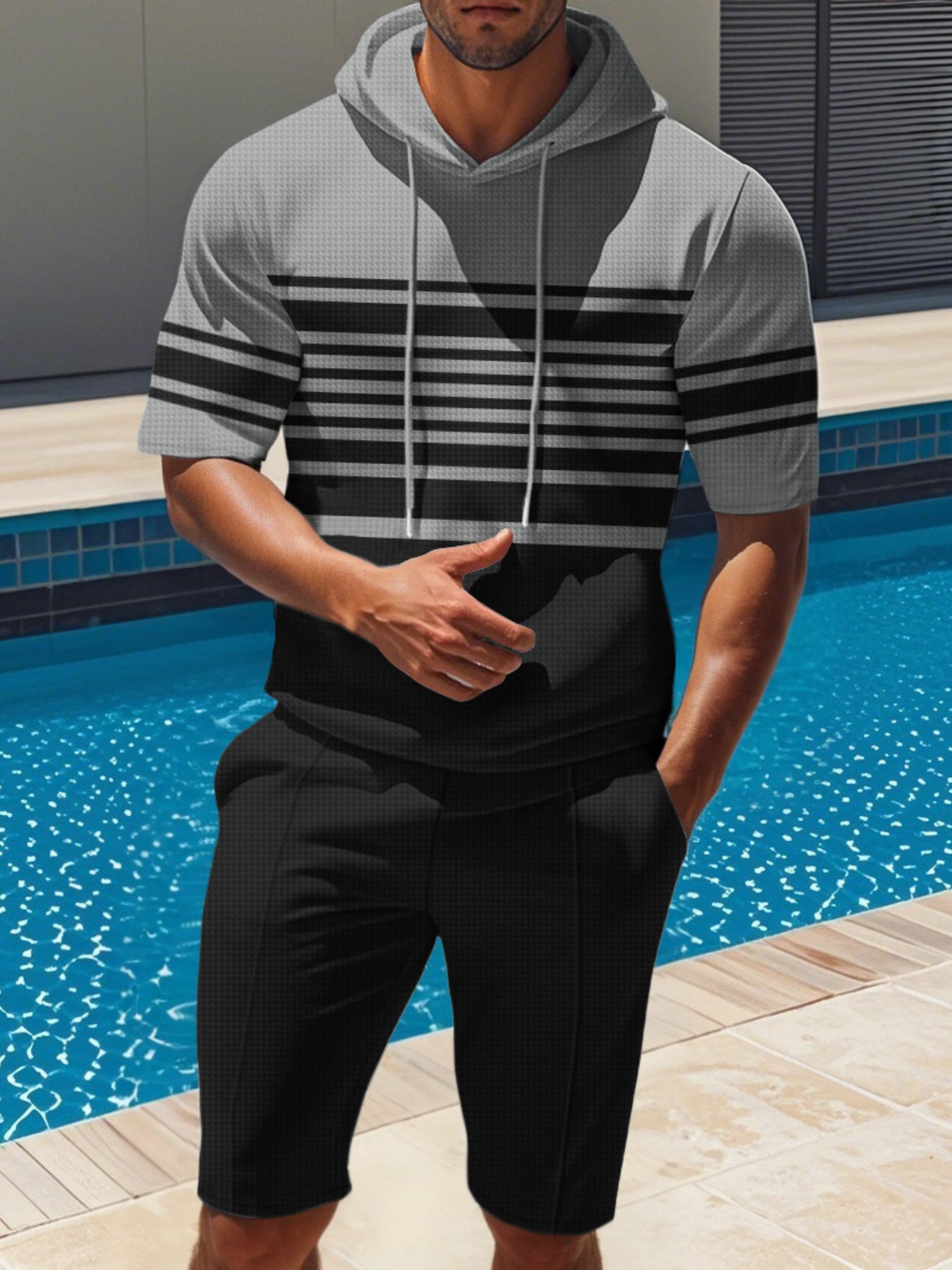Men's Striped Short Sleeve Hoodie And Shorts Set, side view