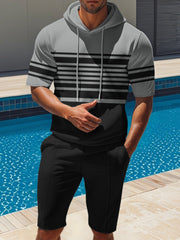 Men's Striped Short Sleeve Hoodie And Shorts Set, side view