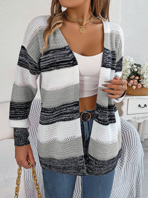 Open-front knit cardigan with horizontal stripes in grey, white, and black acrylic.
