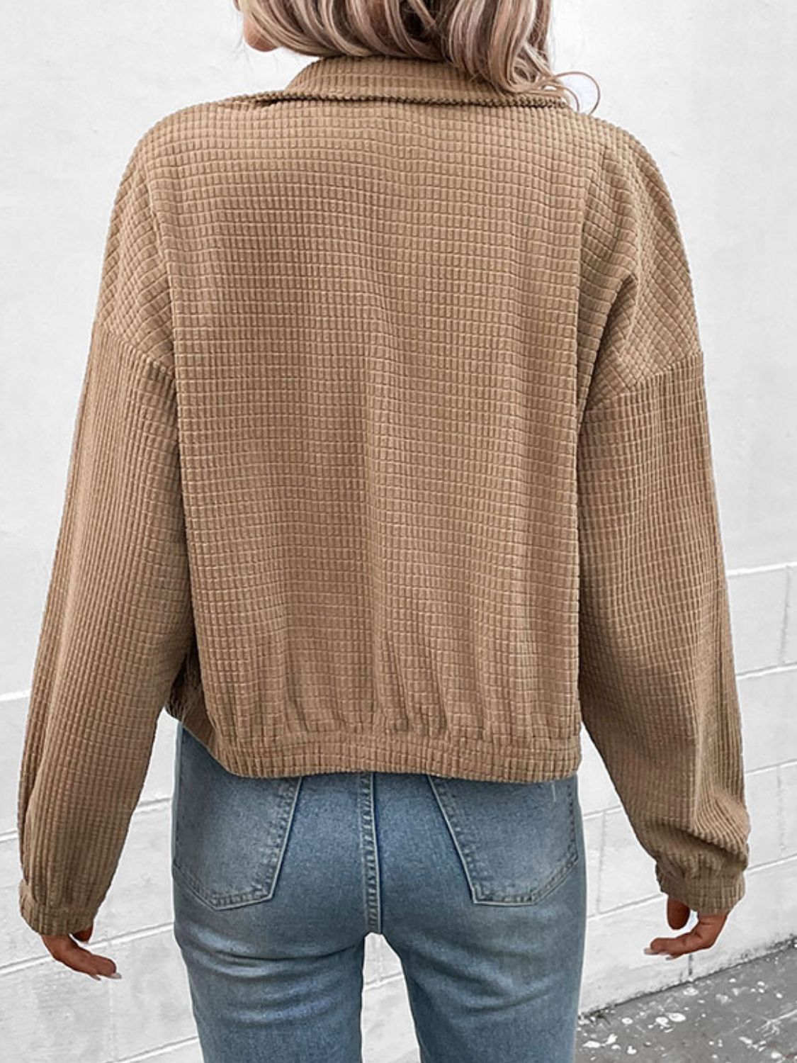 Khaki waffle knit bomber jacket with collar and elastic cuffs and hem