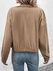 Khaki waffle knit bomber jacket with collar and elastic cuffs and hem