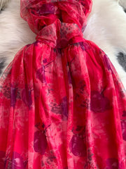Pink floral mesh maxi dress with layered detail and ruffled neckline.