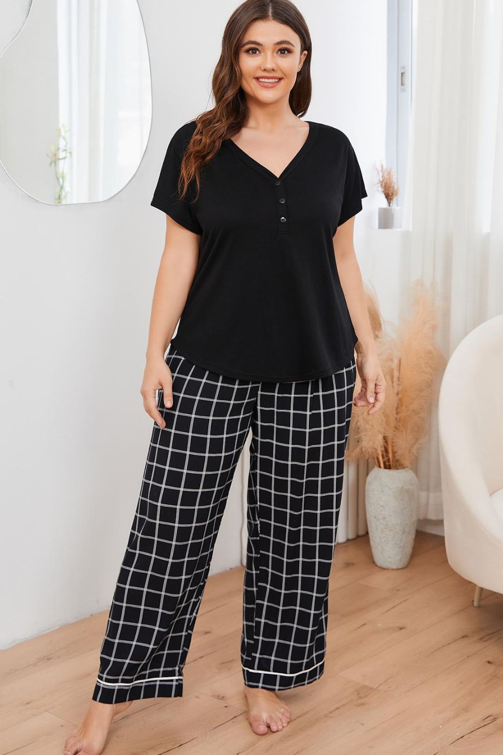 Black grid-print lounge set with Henley top and wide-leg pants