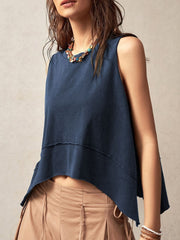 Navy tank top with asymmetric raw edge hemline and layered detail.