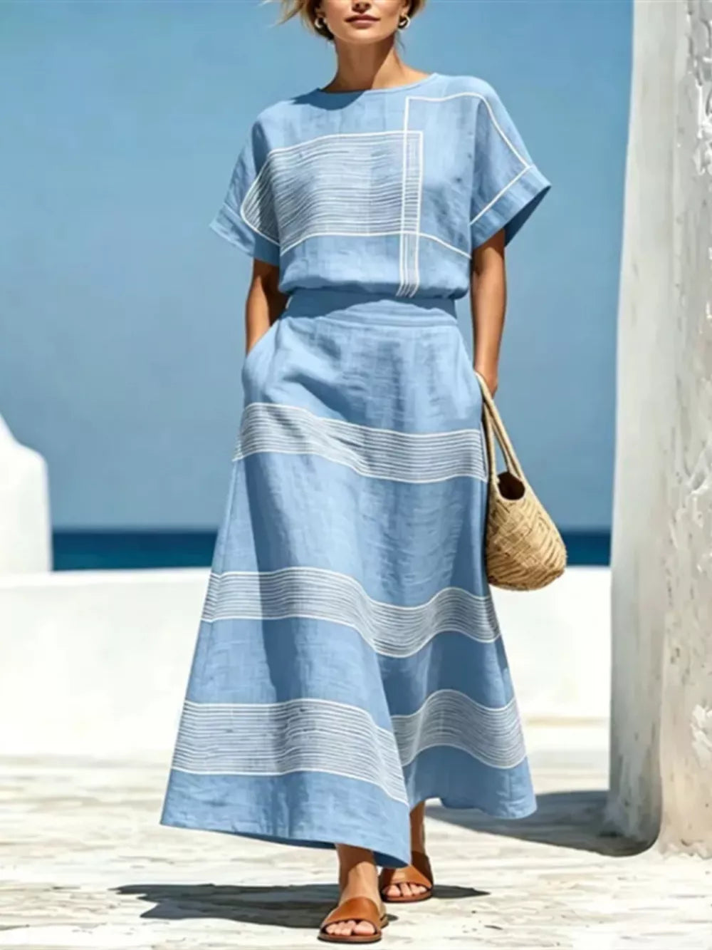 Full Size Striped Round Neck Top And Skirt Set, front view