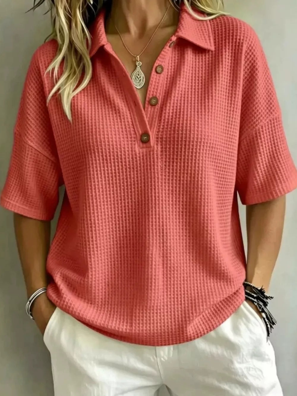 Full Size Waffle Knit Polo Top Plus Size, editorial view