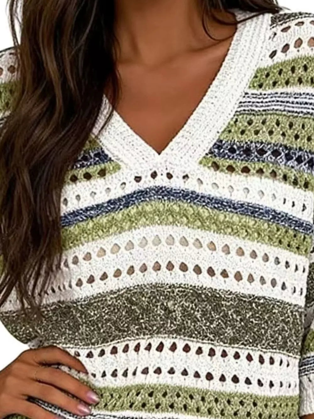 V-neck Ribbed Sweater in Green Stripes, side view