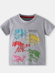 Grey cotton crew neck t-shirt with colorful dragon skeleton graphic print and "DRAGONS" text.