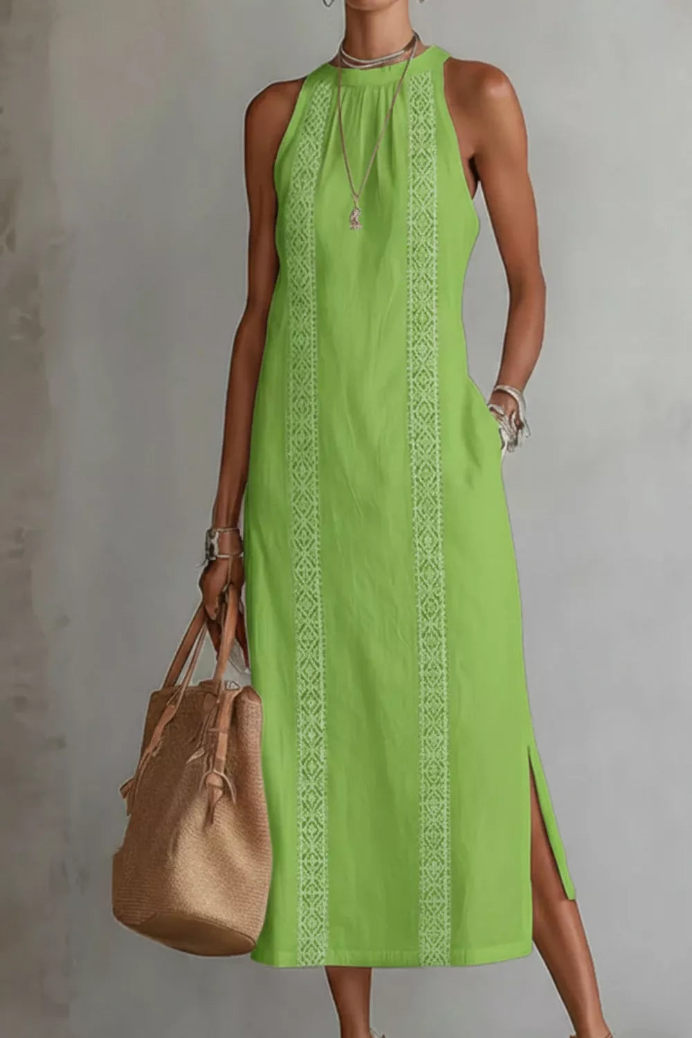Lime green midi dress with pockets, halter neck, and embroidered side panels.