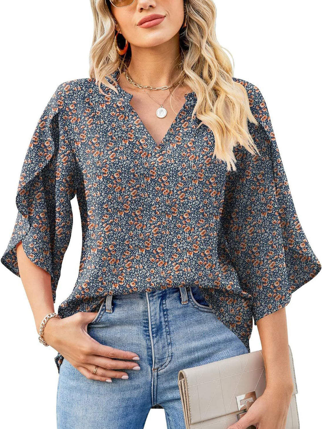 Floral print v-neck blouse with flutter sleeves, 100% polyester
