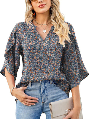 Floral print v-neck blouse with flutter sleeves, 100% polyester