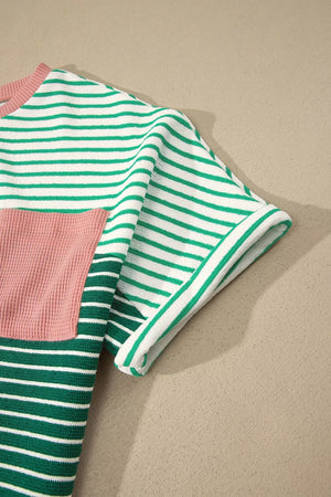 Stripe Contrast Color Block Relaxed Tee in Gum Leaf, alternate angle