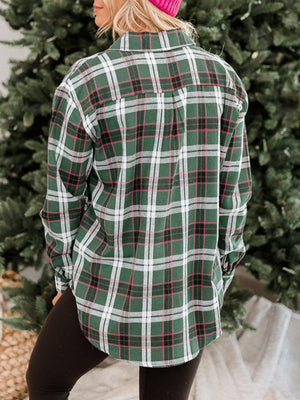 Relaxed fit green plaid button-down shirt with white and pink accents.