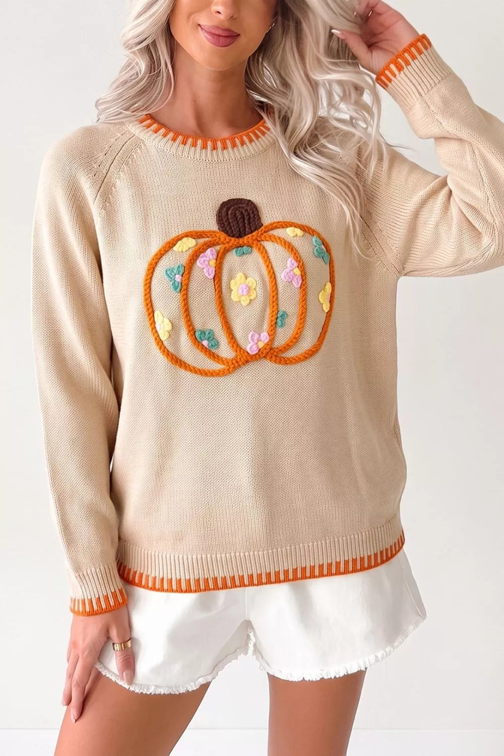 Floral Embroidery Pumpkin Long Sleeve Sweater, side view