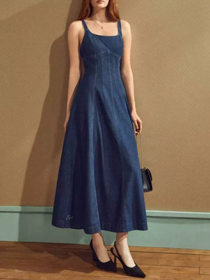 Square Neck A-line Denim Dress, front view